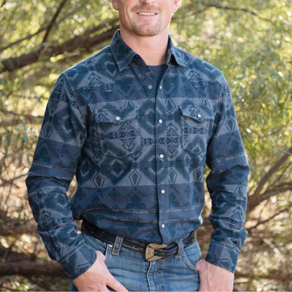 STS Ranchwear MENS COLT SHIRT NAVY Men's Blue denim Patterned Button-Up  NWT